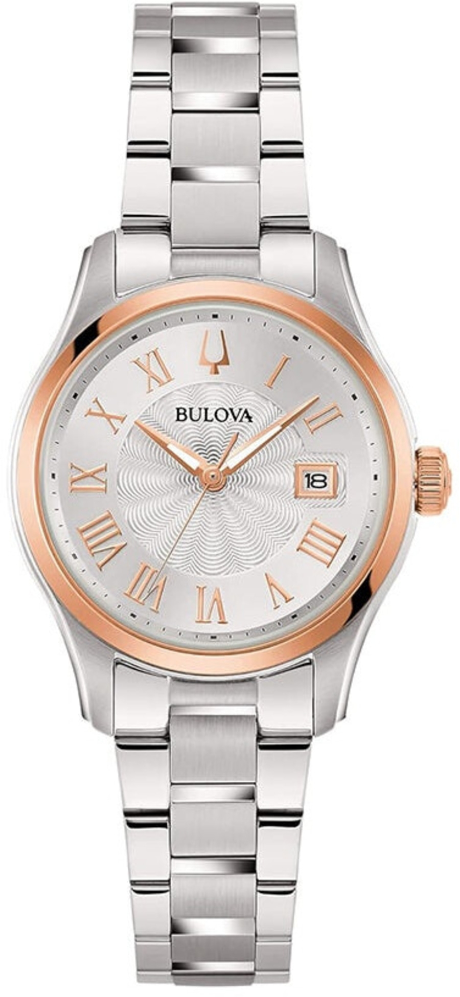 Bulova Damenuhr mit silbernem Gehäuse und roségoldfarbenen Akzenten, römischen Ziffern