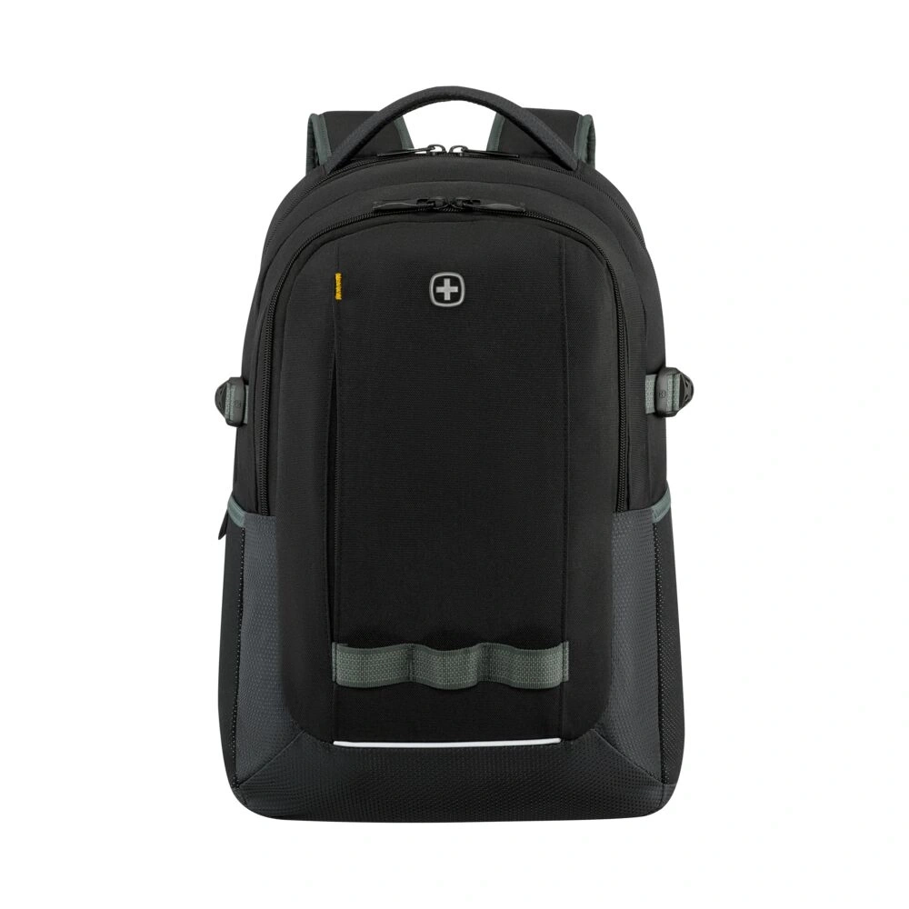Schwarzer Rucksack mit Logo und grauen Akzenten, ideal für den täglichen Gebrauch und Reisen.