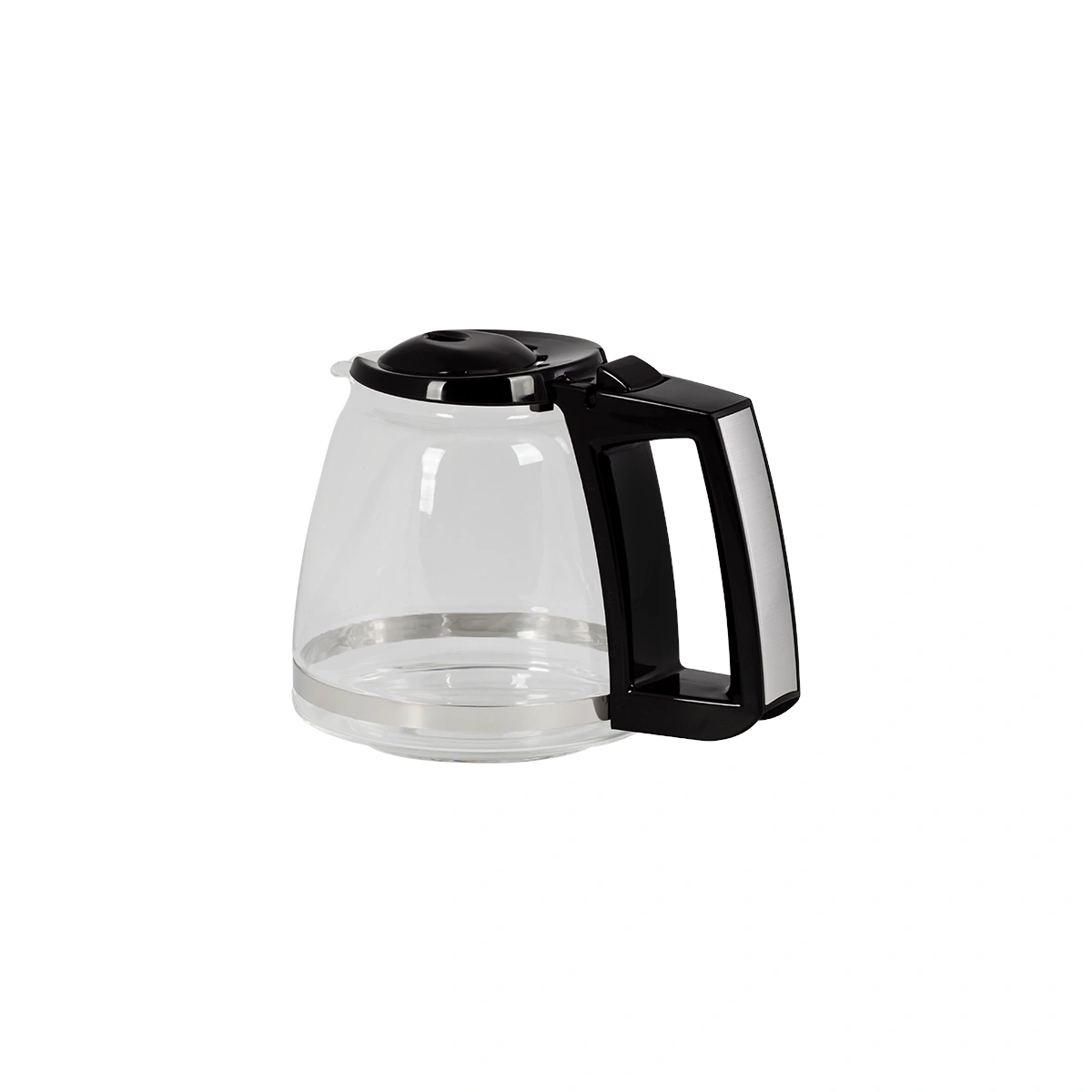 Kaffeekanne aus Glas mit schwarzem Griff und Deckel, isoliert auf weißem Hintergrund