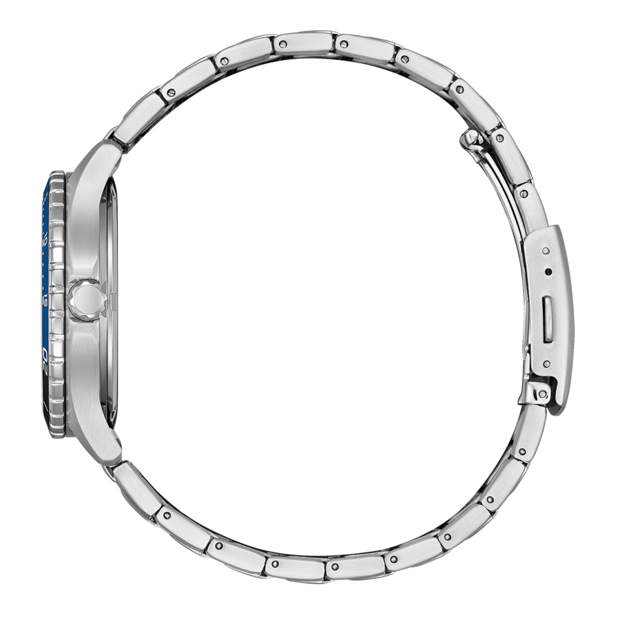 Uhr mit blauem Zifferblatt und silbernem Armband, Seitenansicht, Nahaufnahme