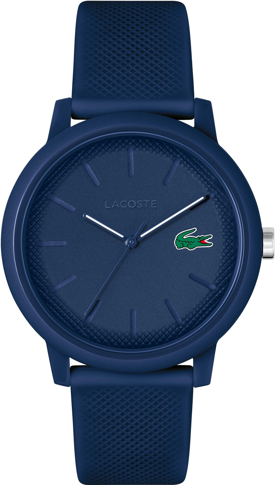 Dunkelblaue Lacoste-Armbanduhr mit Krokodil-Logo und Riemen.