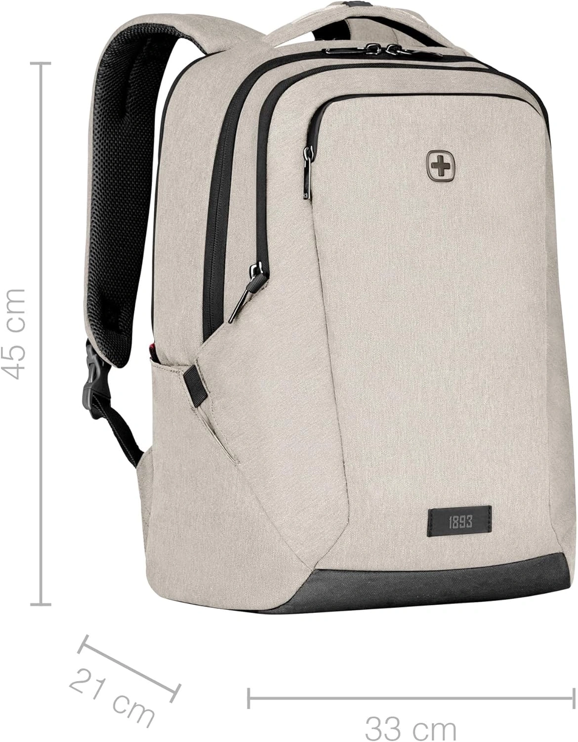 Beige Rucksack mit schwarzen Akzenten, 45 cm hoch, 33 cm breit, 21 cm tief.