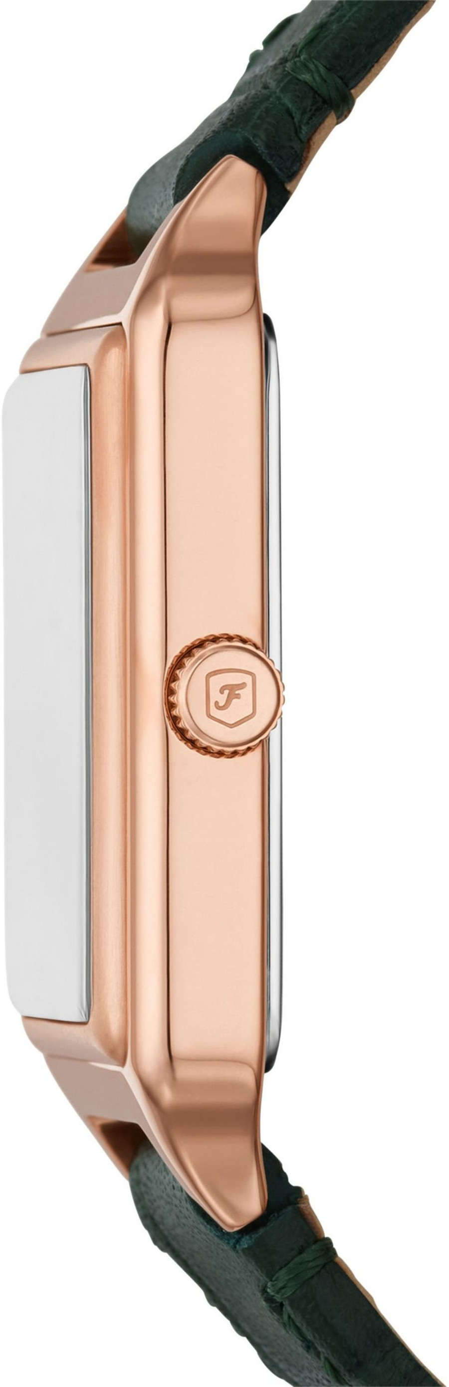 Nahaufnahme einer roségoldenen Uhr mit grünem Lederarmband und F-Logo auf der Krone