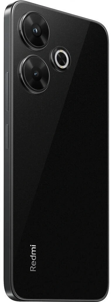 Schwarzes Smartphone mit drei Kameras und dem Redmi-Logo auf der Rückseite.