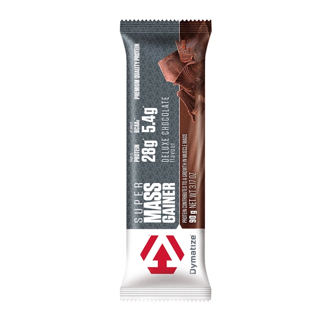 Schokoriegel mit Dymatize Super Mass Gainer Schriftzug