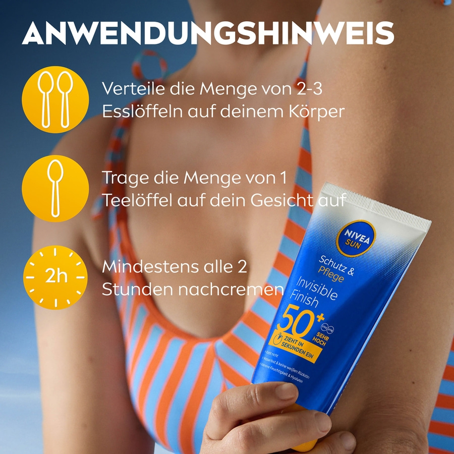 Anwendungshinweis: Sonnenschutz auftragen, 2-3 Esslöffel für den Körper, 1 Teelöffel für das Gesicht, alle 2 Stunden wiederholen.