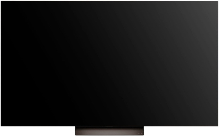 Schwarzer Fernseher mit dunklem Rahmen und Standfuß, LG OLED-Technologie.
