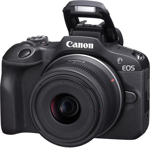Canon EOS R100 Kamera mit Objektiv und Blitzlicht, schwarz
