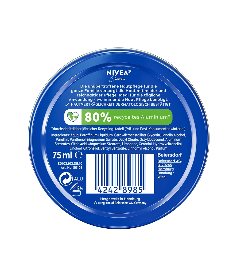 Deckel einer Nivea Creme Dose mit Produktinformationen und Barcode