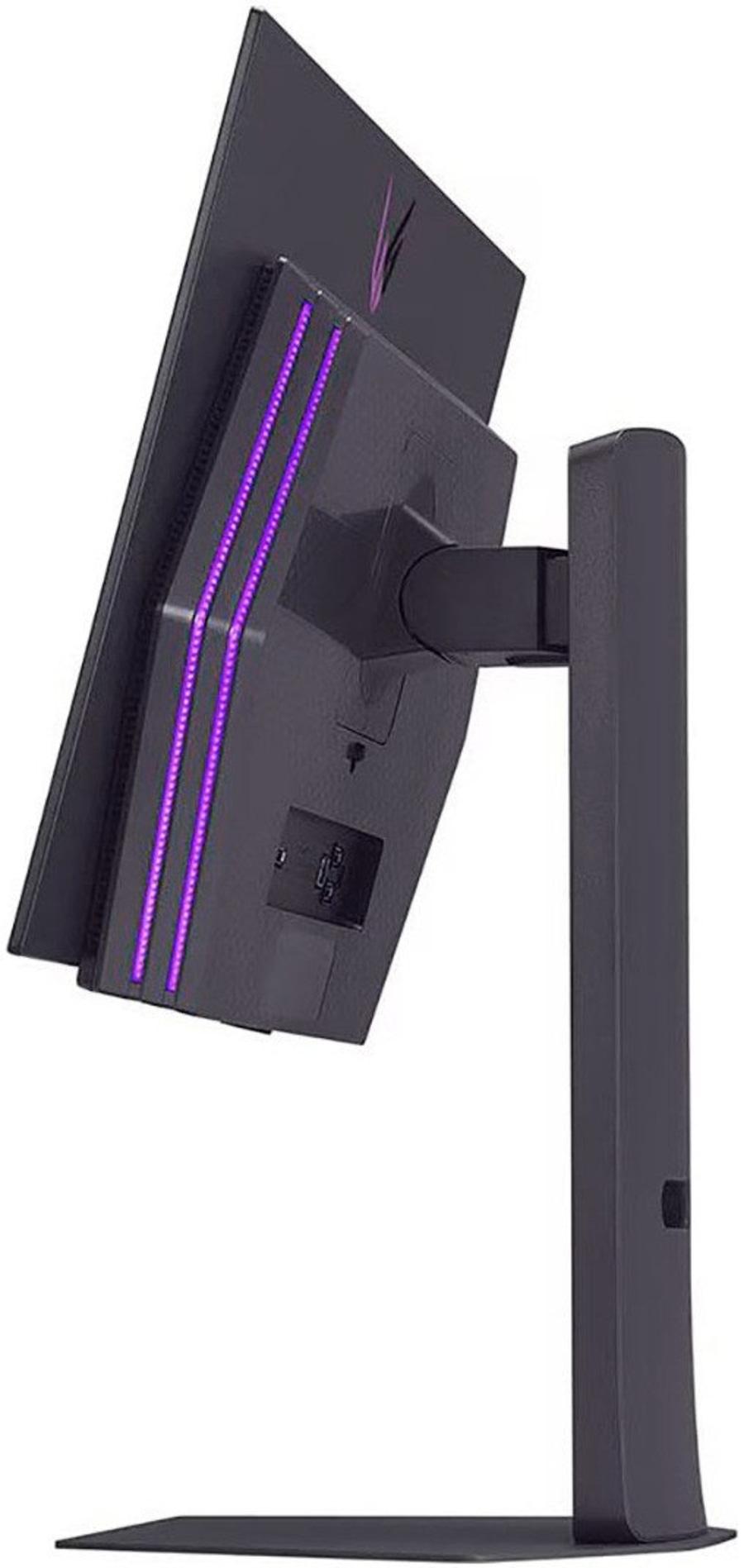 Monitor, schwarz, mit lila Lichtleisten, auf einem Ständer, Seitenansicht, Technologie
