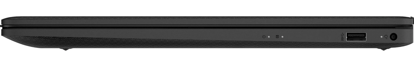 Seite eines schwarzen Laptops mit USB-Anschluss und Netzteilbuchse