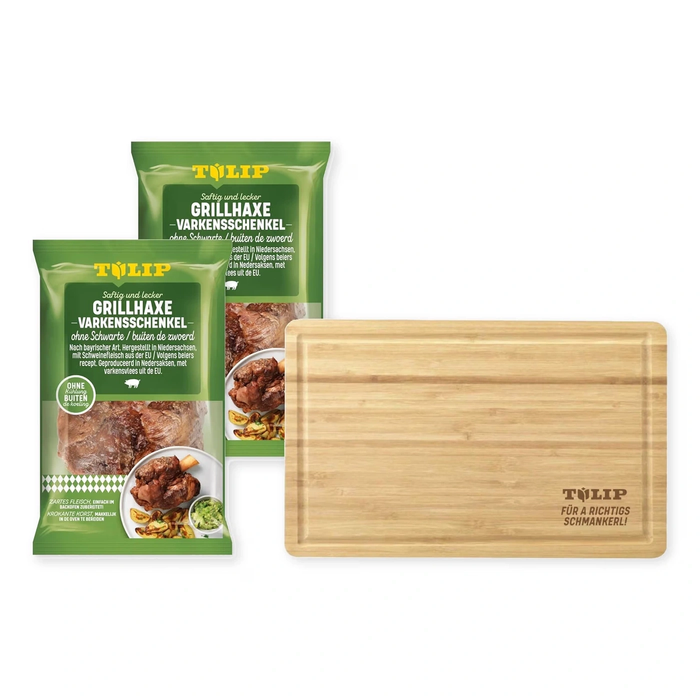 TULIP Grillhaxe ohne Schwarte 2x 500g - für Backofen oder Grill + Schneidbrett