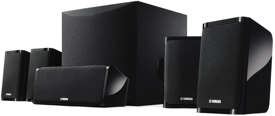 Schwarzes Yamaha-Lautsprechersystem mit Subwoofer und Satellitenlautsprechern für Heimkino