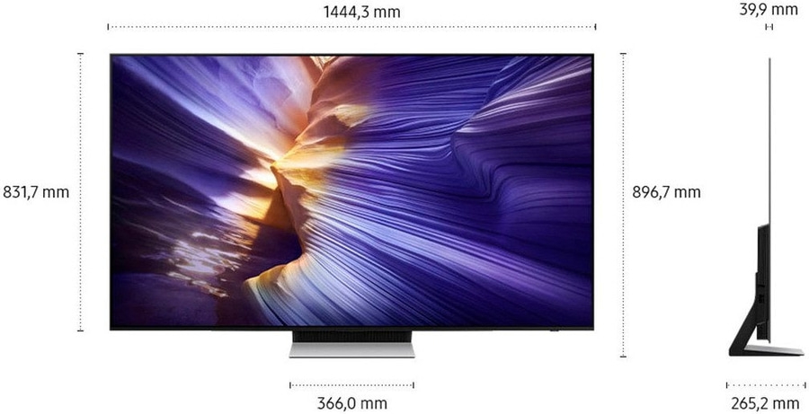 Ein moderner Flachbildfernseher mit silbernem Standfuß und detaillierten Abmessungen.