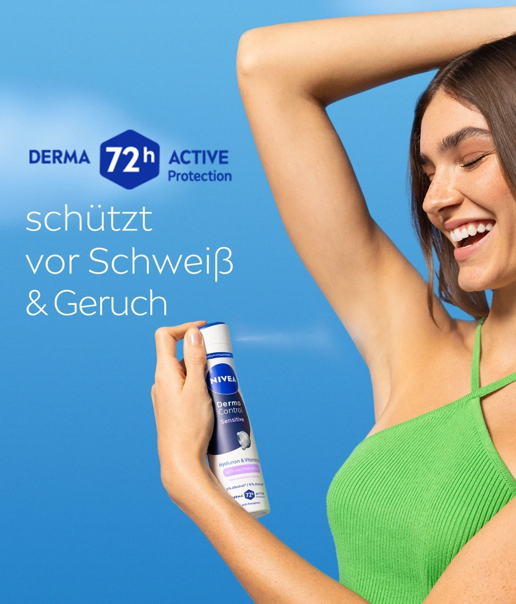 Eine Frau sprüht Nivea Deo für 72h Schutz vor Schweiß und Geruch.