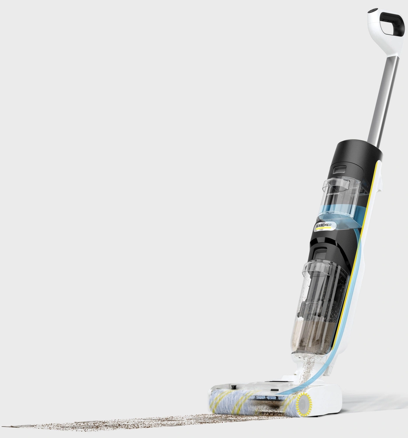 Ein Bodenwischer mit transparenten Behältern für Schmutz und Wasser.