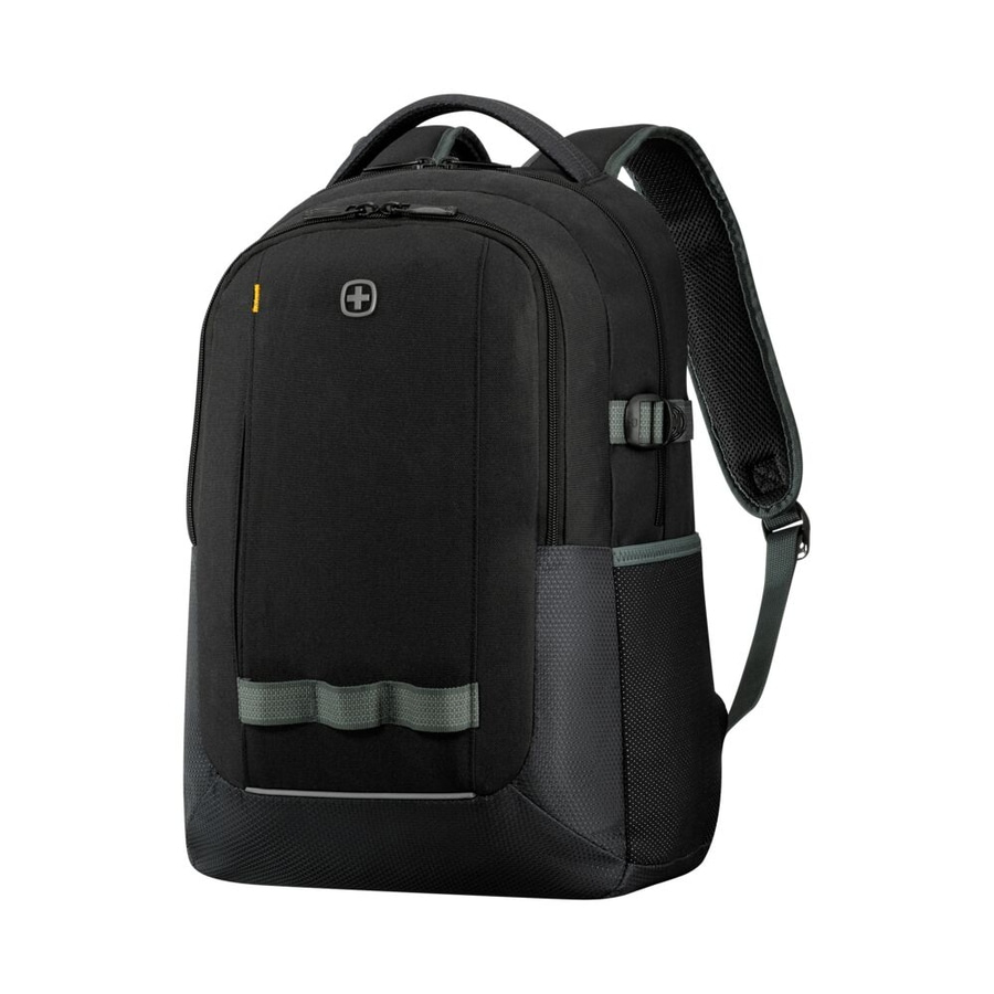 Schwarzer Rucksack mit grauem Akzent und Logo, ideal für den Alltag.