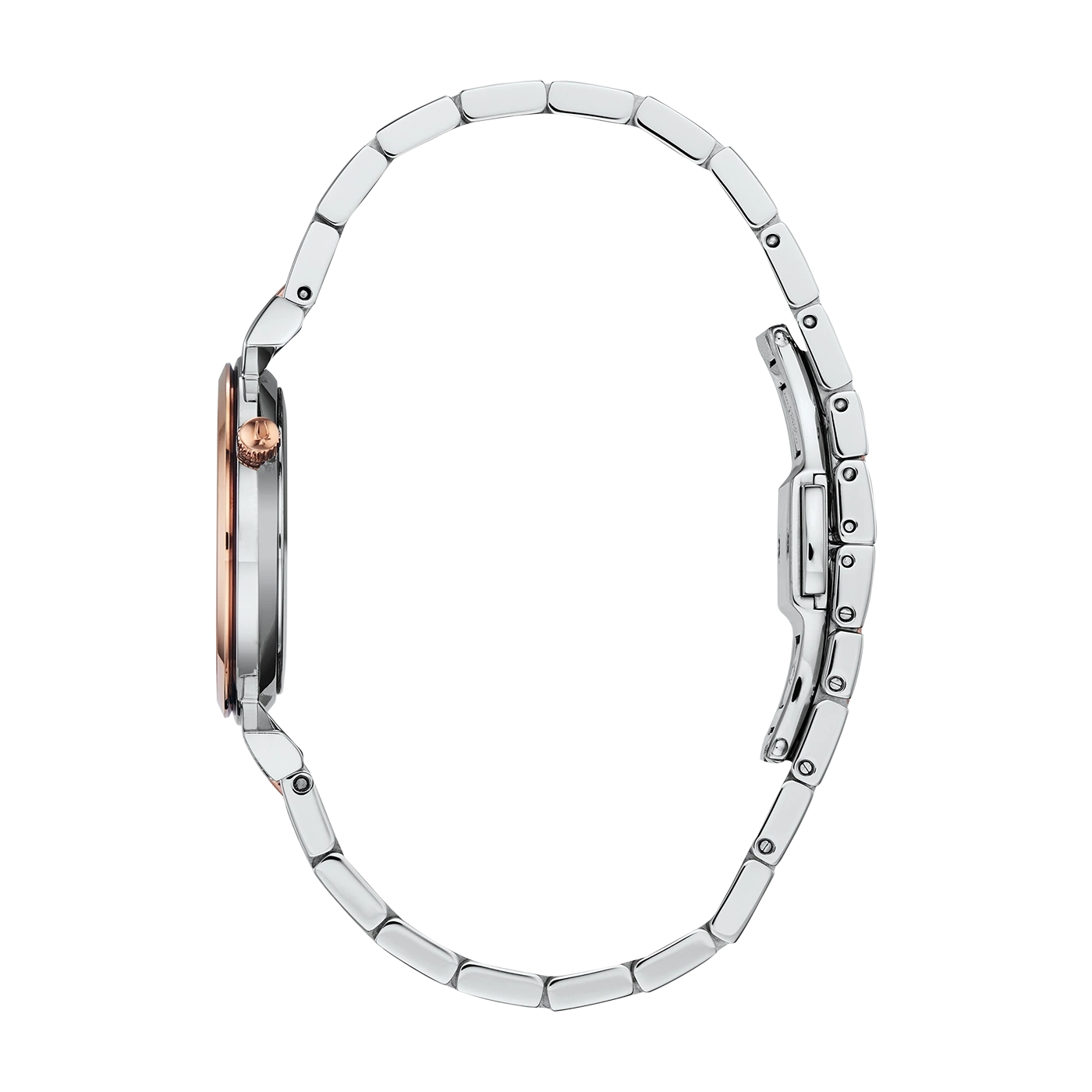 Uhr mit silbernem Armband und roségoldfarbenem Gehäuse, Seitenansicht, elegant
