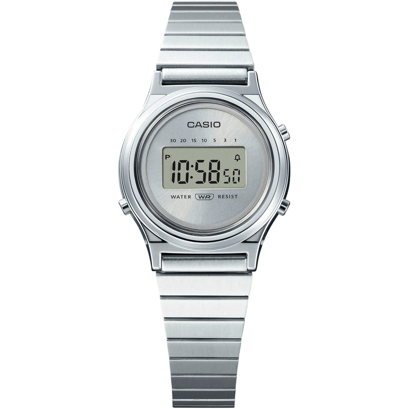 Casio Uhr, silbernes Zifferblatt, Digitalanzeige, Edelstahlarmband, Wasserdicht