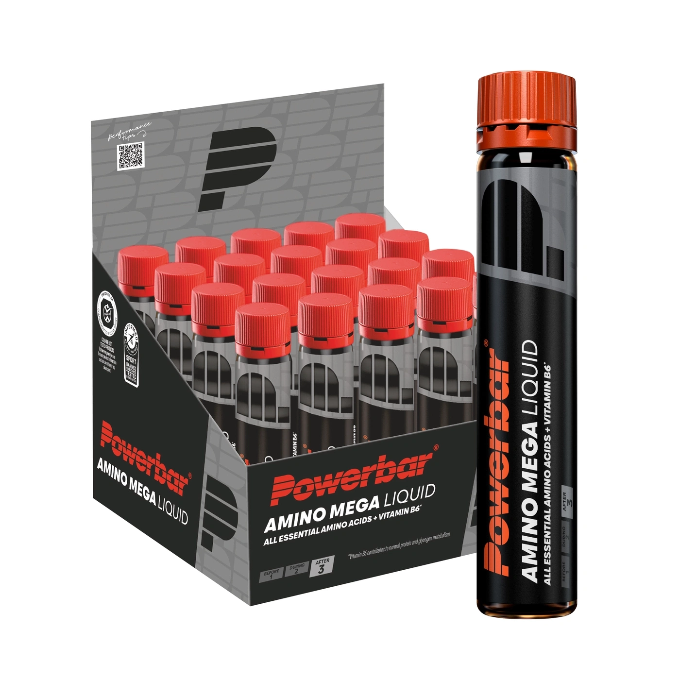 Powerbar Amino Mega Liquid mit Vitamin B6, in einer Box und einzeln.