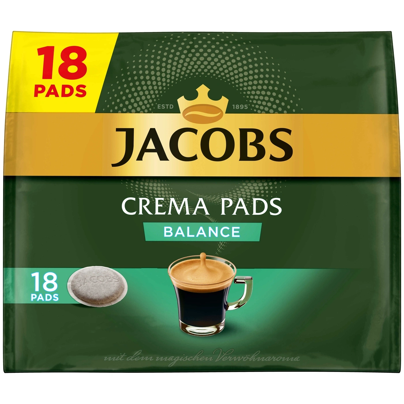 Jacobs Crema Pads Balance, 18 Pads, Kaffee, Getränk, Verpackung, grün