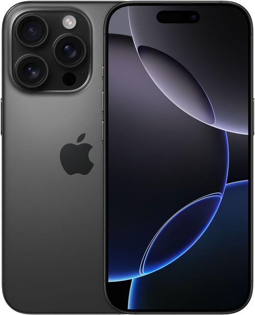 Dunkelgraues iPhone mit mehreren Kameras und einem schwarzen Bildschirm, Apple Logo.