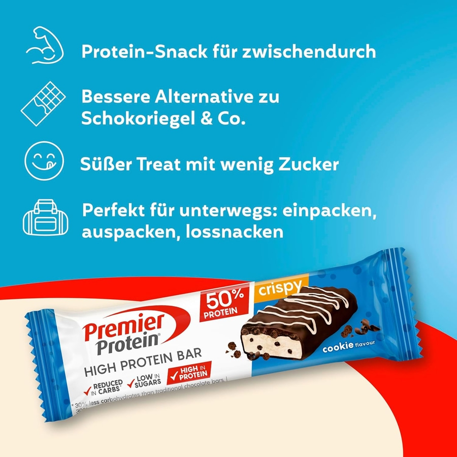 Premier Protein Riegel mit Schokoladenüberzug und Keksgeschmack, geeignet als Snack