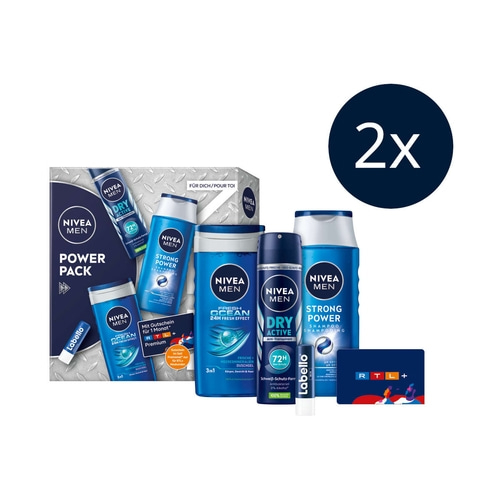 NIVEA MEN Power Pack, 2 x Geschenkset, Pflegedusche Deo Spray Shampoo Labello