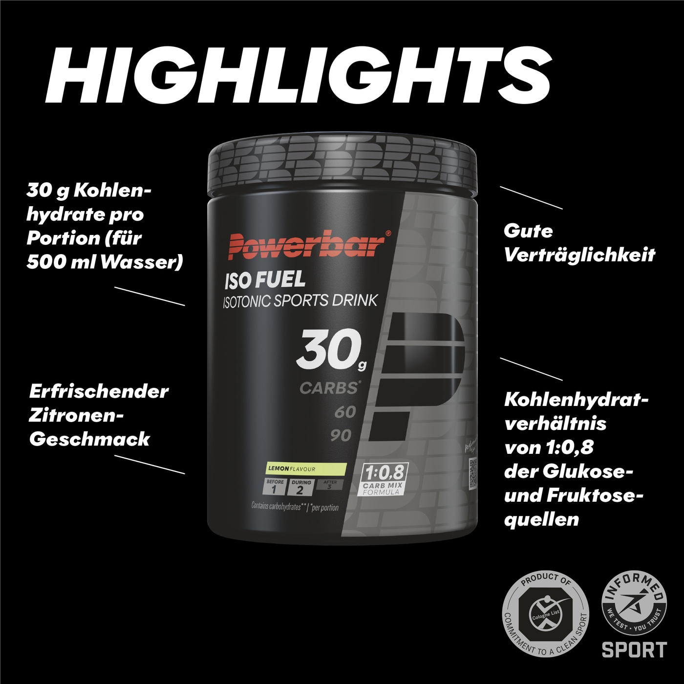 POWERBAR isotonischer Sports Drink Iso Fuel 30 Kohlenhydrate Black Line 608 g