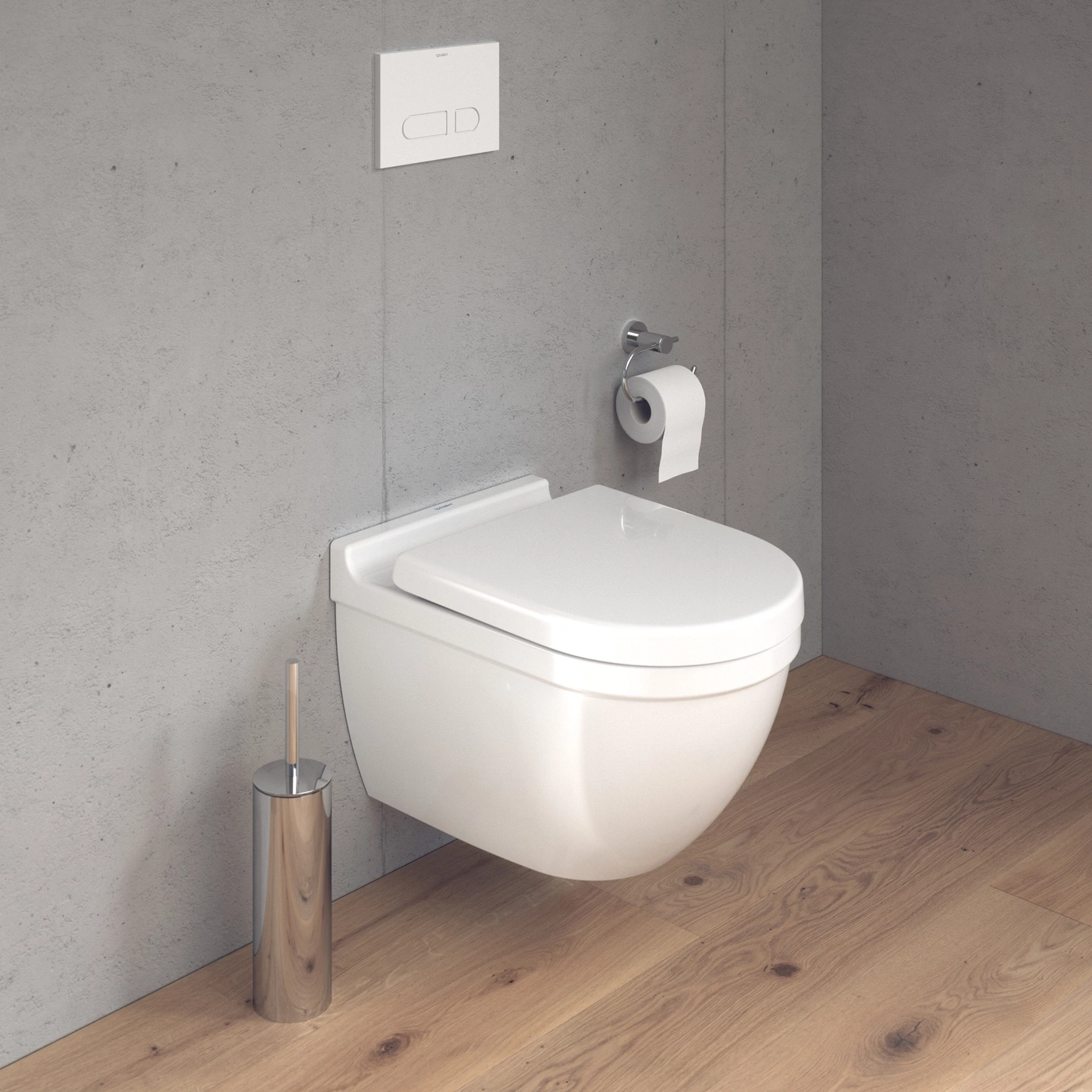 Hängendes WC mit Toilettenpapierhalter und Toilettenbürste auf Holzboden vor Betonwand.
