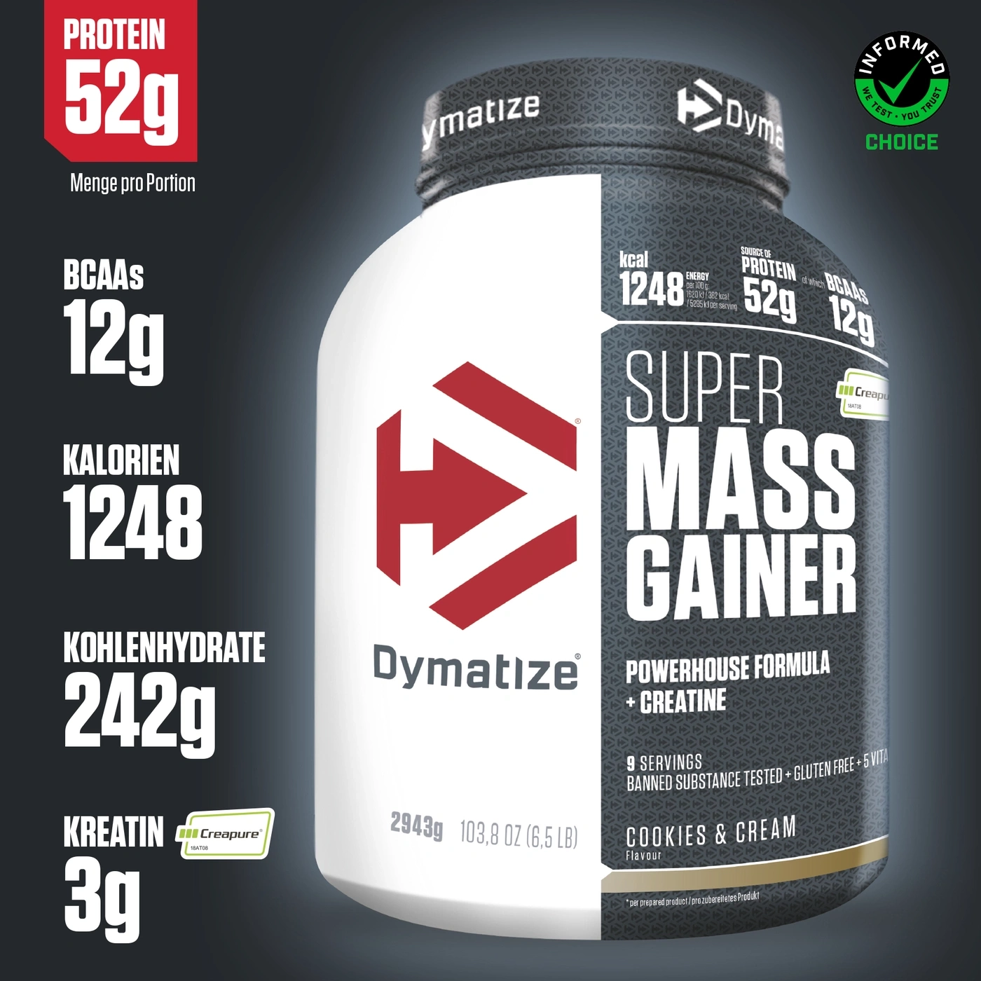 Dymatize Super Mass Gainer, Protein, Kalorien, Kohlenhydrate, Kreatin, Cookies & Cream