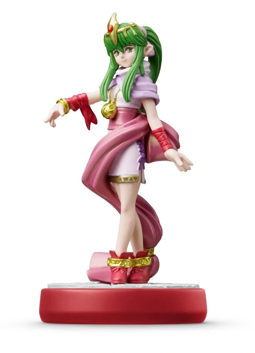 Eine grüne Anime-Figur mit pinkem Kleid und roten Accessoires.