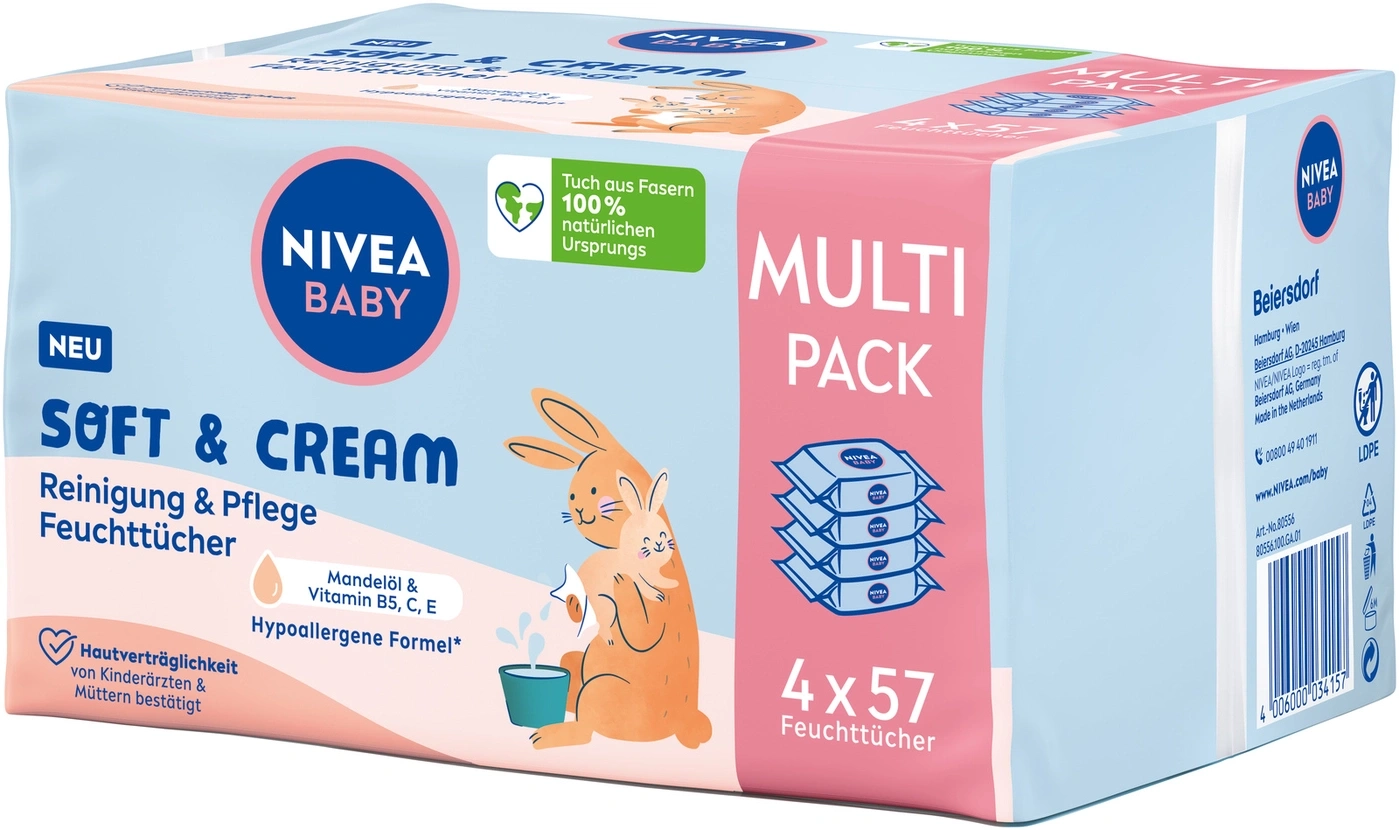 NIVEA Baby Feuchttücher Multi Pack, Reinigung & Pflege, 4x57 Tücher, Hautverträglichkeit