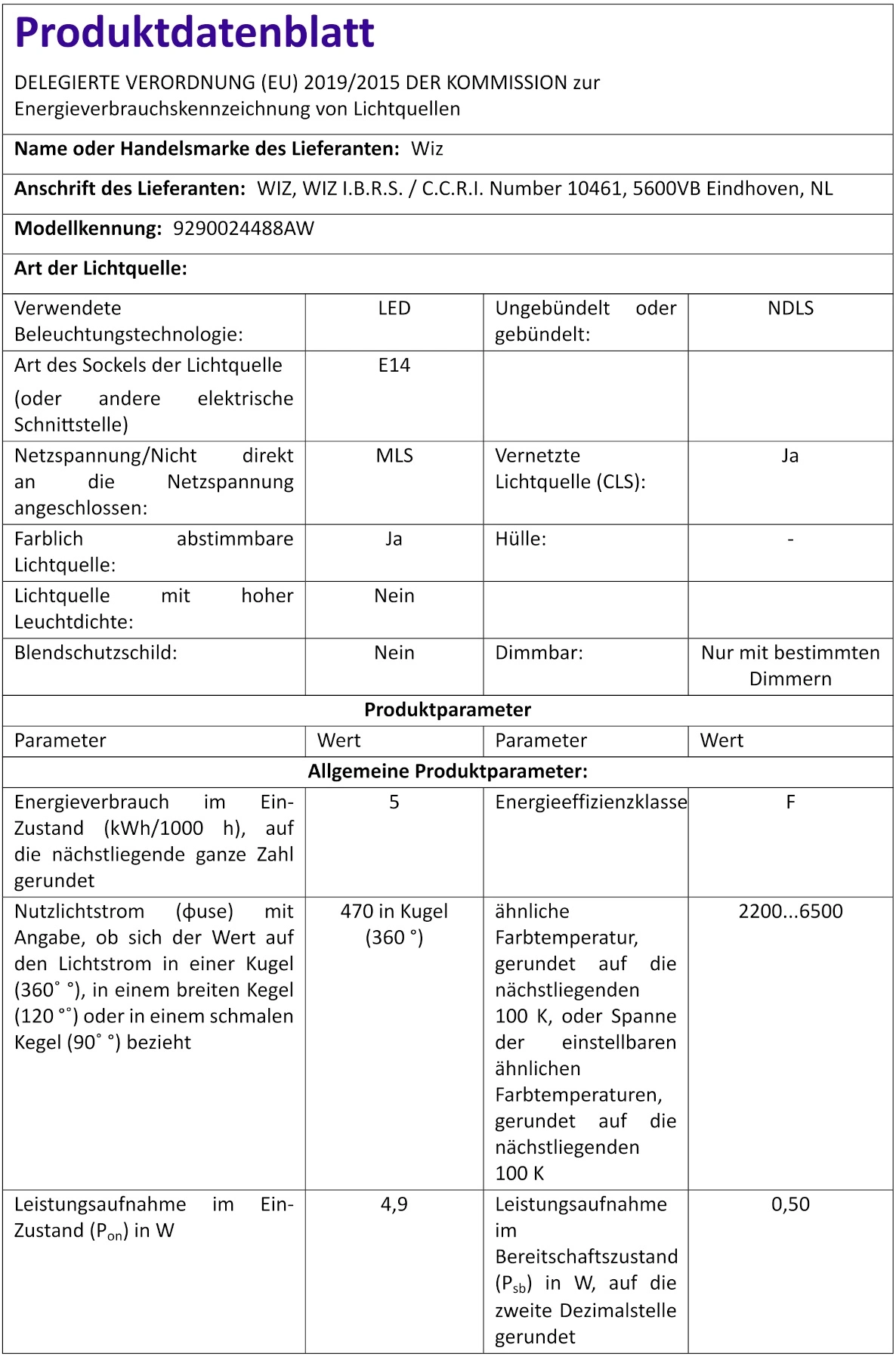 Produktendatenblatt für eine Lichtquelle mit Energieeffizienzklasse F.