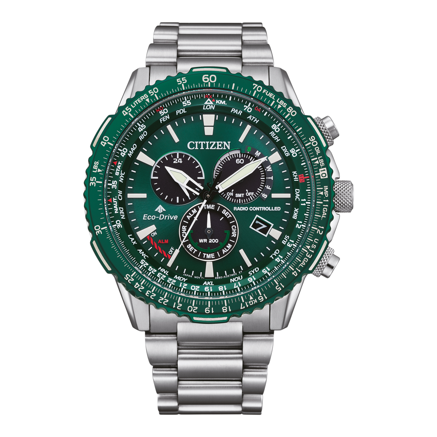 Grüne Citizen Eco-Drive Funkuhr mit silbernem Armband
