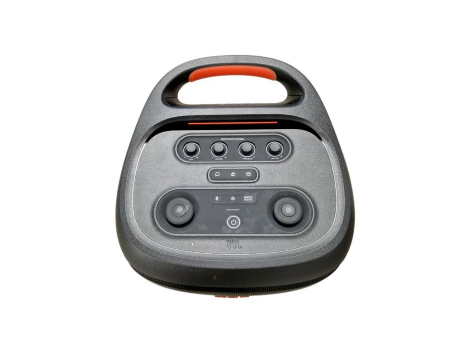 Ein tragbarer JBL-Lautsprecher mit Griff und Bedienelementen.