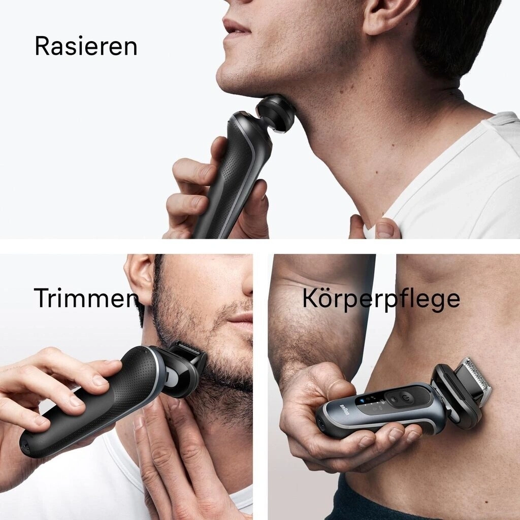Mann rasiert, trimmt und pflegt seinen Körper mit einem Elektrorasierer.