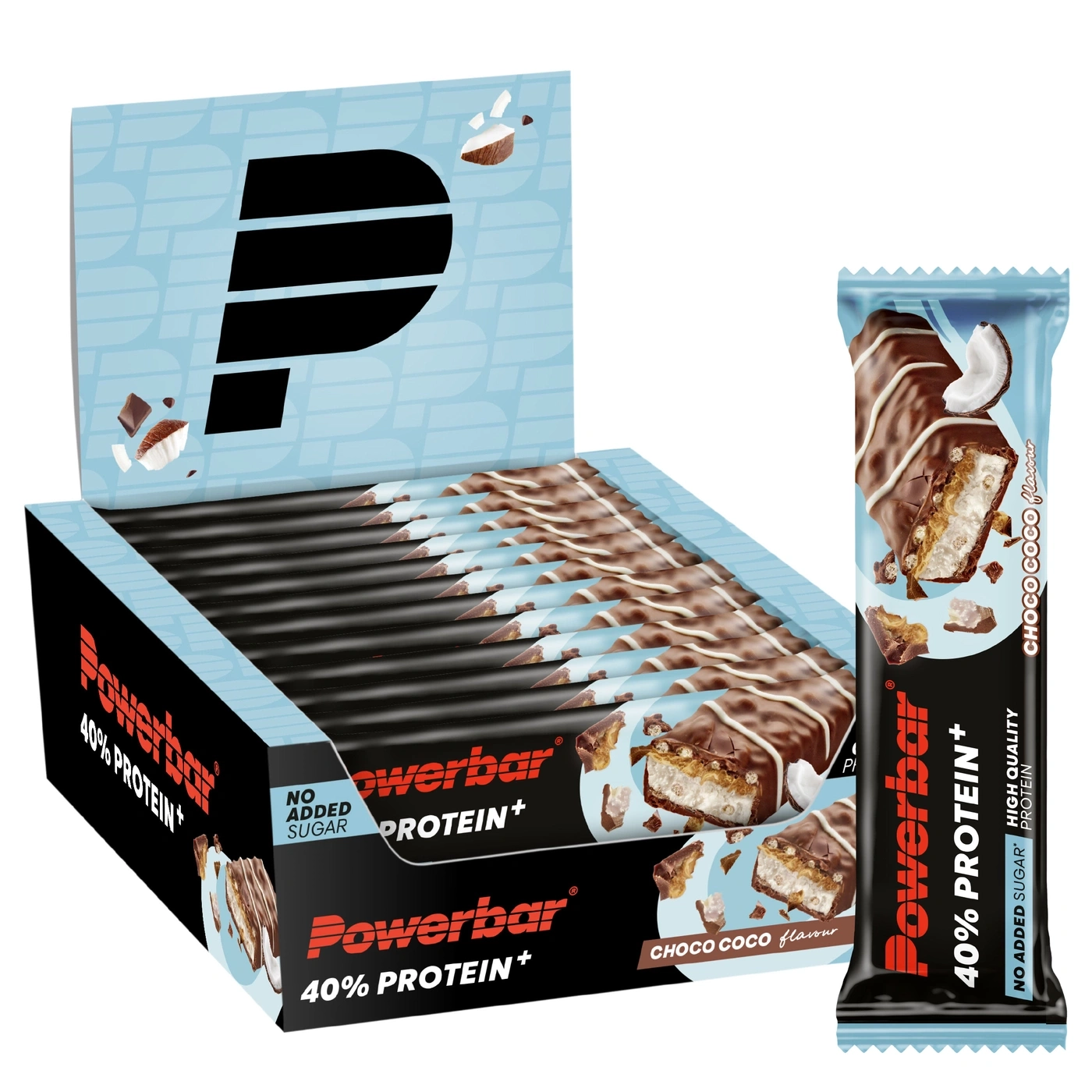 Powerbar Schoko Kokos Proteinriegel in einer Box und Einzelverpackung