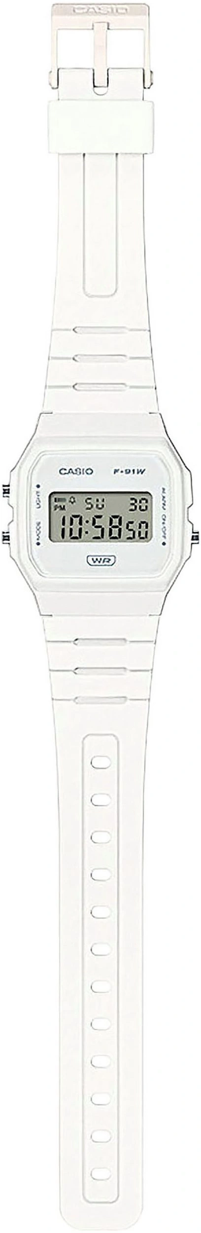 Weiße Casio F-91W Digitaluhr mit schwarzem Armband