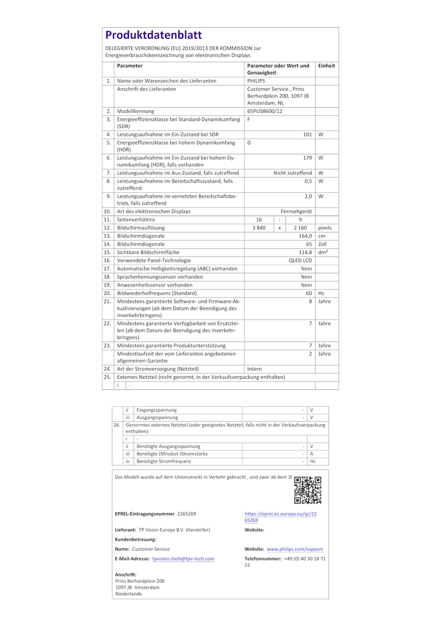 Produktdatenblatt mit Informationen zu Energieeffizienz, Bildschirm und technischen Daten von Philips.