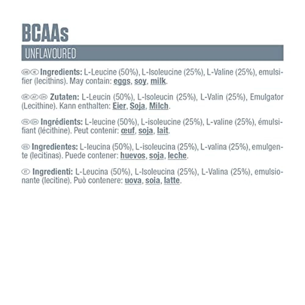 BCAAs, unflavored, Zutaten, Eier, Soja, Milch, Inhaltsstoffe, L-Leucin, L-Isoleucin, L-Valin, Emulgator