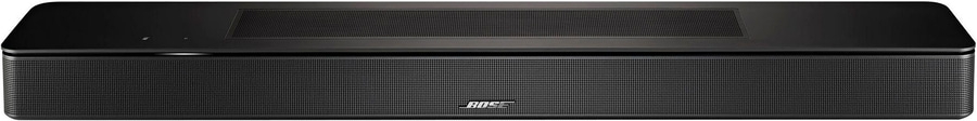 Schwarze Soundbar mit Bose-Logo, rechteckig, für Heimkino-Systeme.