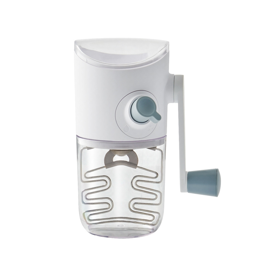 Eiscrusher, weiß, mit Kurbel und transparentem Behälter, Nahaufnahme