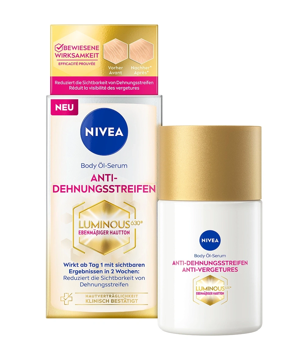 Nivea Body Öl-Serum gegen Dehnungsstreifen, Luminous 630, klinisch bestätigt.