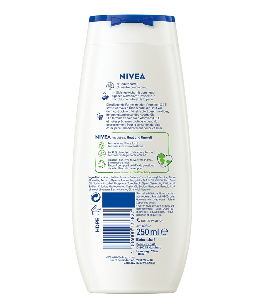 NIVEA Duschgel, pH-neutral, schützt vor Austrocknung, 250ml, recyceltes Plastik, Hautpflege
