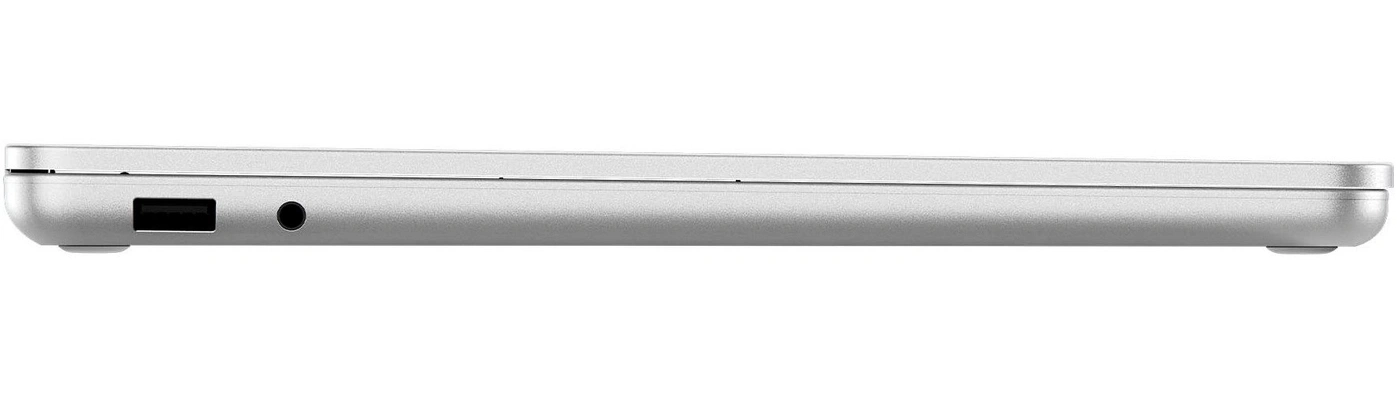 Ein silbernes Laptopgehäuse mit einem USB-Anschluss und einem runden Anschluss.