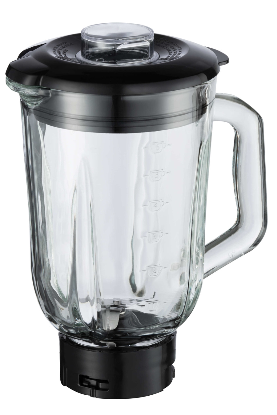 Schwarzer Mixer mit Glasbehälter und Messskala. Deckel mit transparentem Einsatz. Griff.