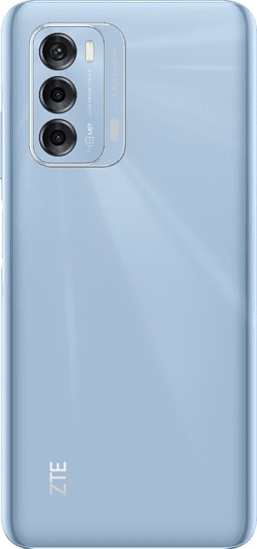 Blaues Smartphone mit Dreifachkamera und ZTE-Logo. Modernes Design.