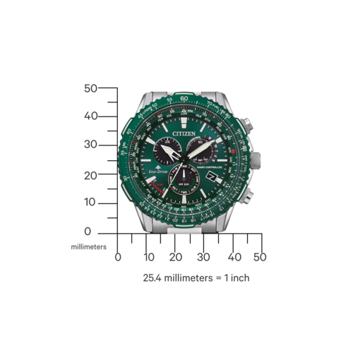 Eine grüne Herrenuhr mit silbernem Armband und vielen Funktionen.