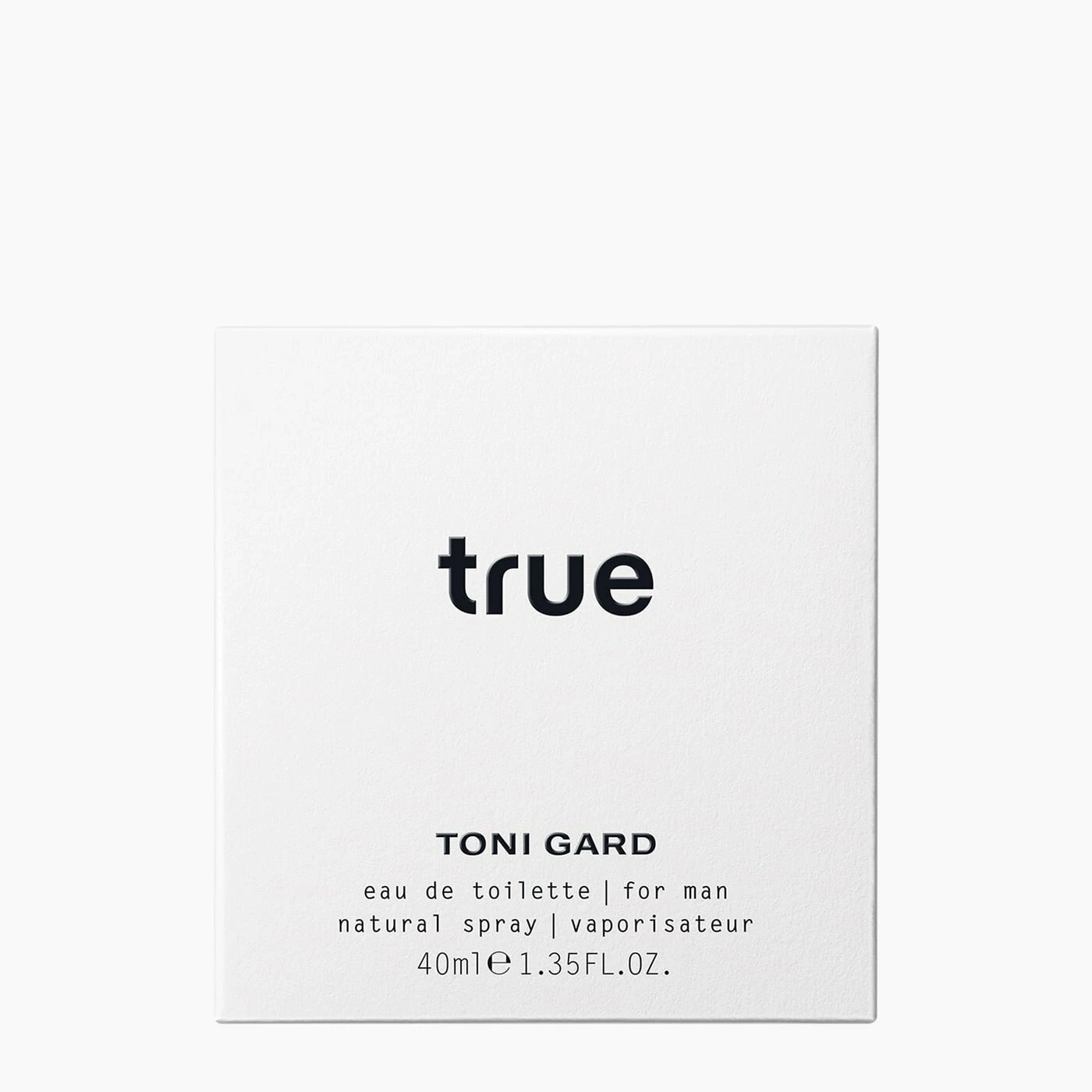 Parfümverpackung mit "true"-Schriftzug, "TONI GARD" und Produktinformationen.